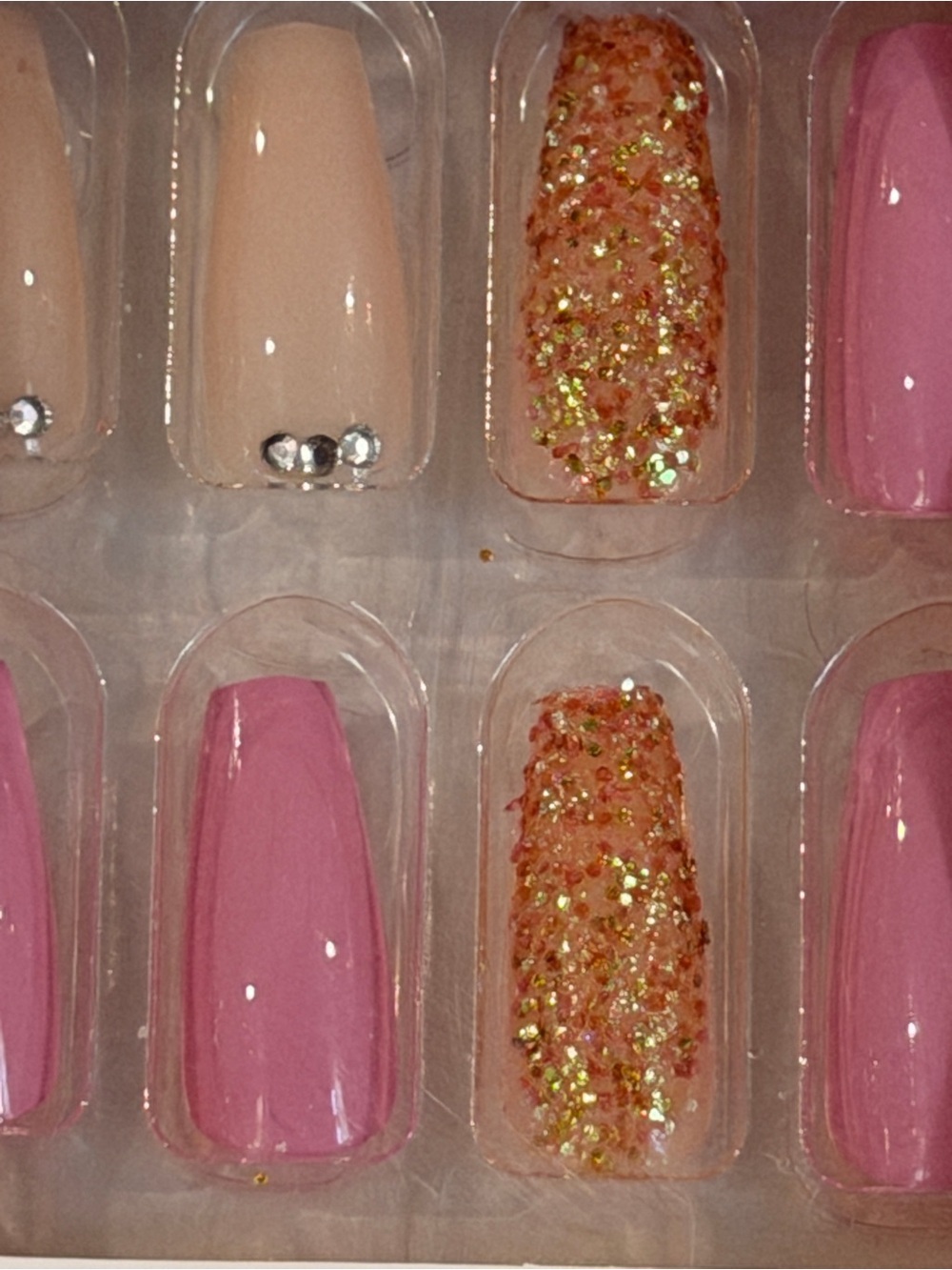 Pink Glitter Press On Nails Nude Bling Coffin Glam Nail Set
